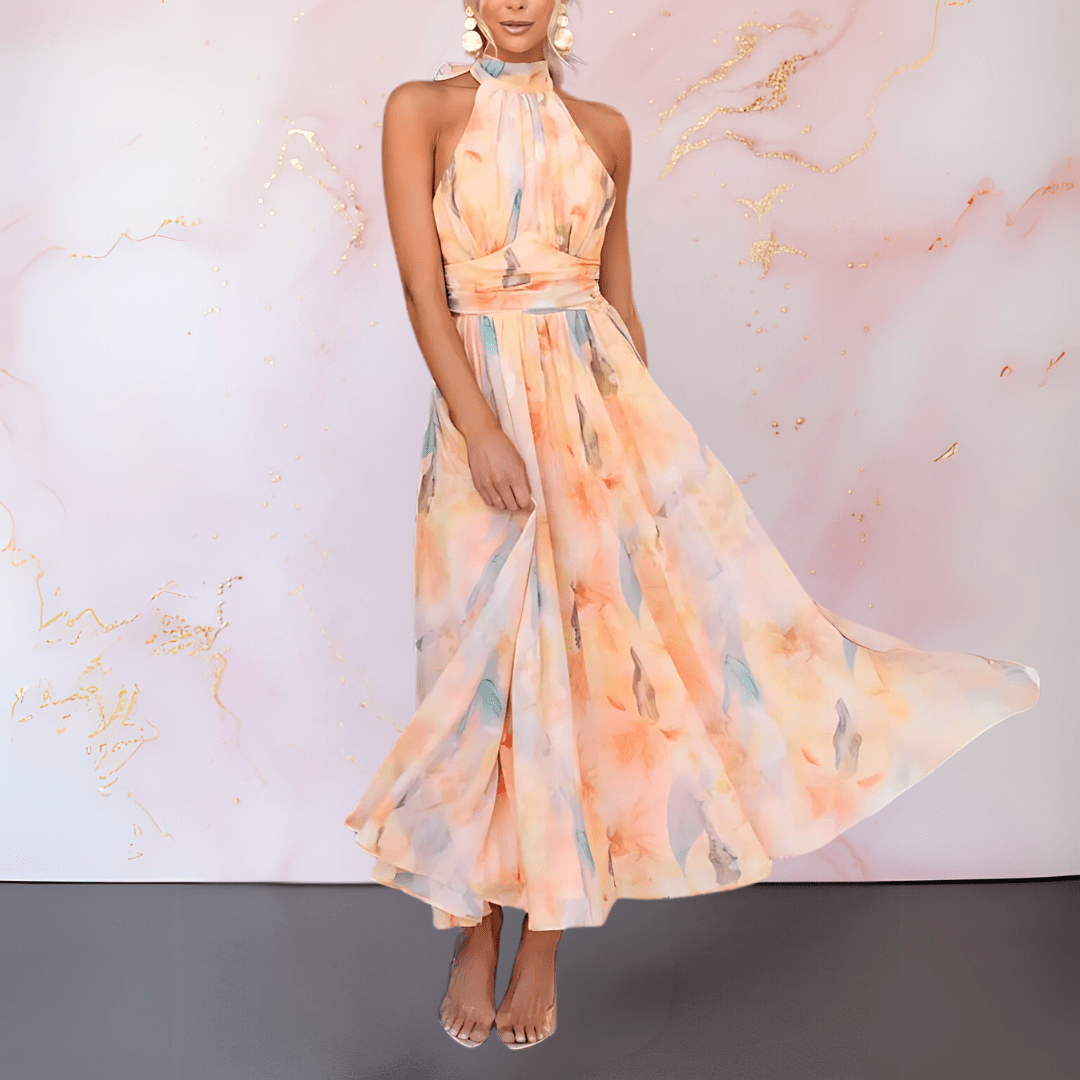 Damen Neckholder-Kleid mit Aquarelldruck in Maxi Länge Jully