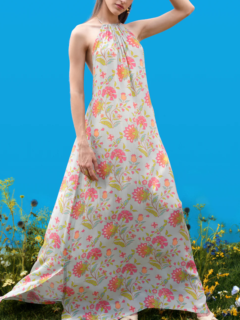 Damen Neckholder-Maxikleid mit handgezeichneten Drucken Jully