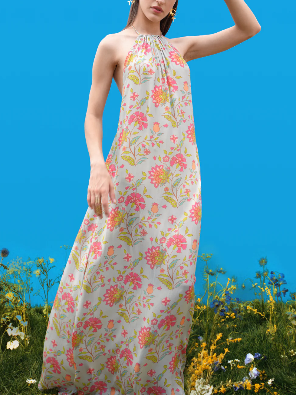 Damen Neckholder-Maxikleid mit handgezeichneten Drucken Jully
