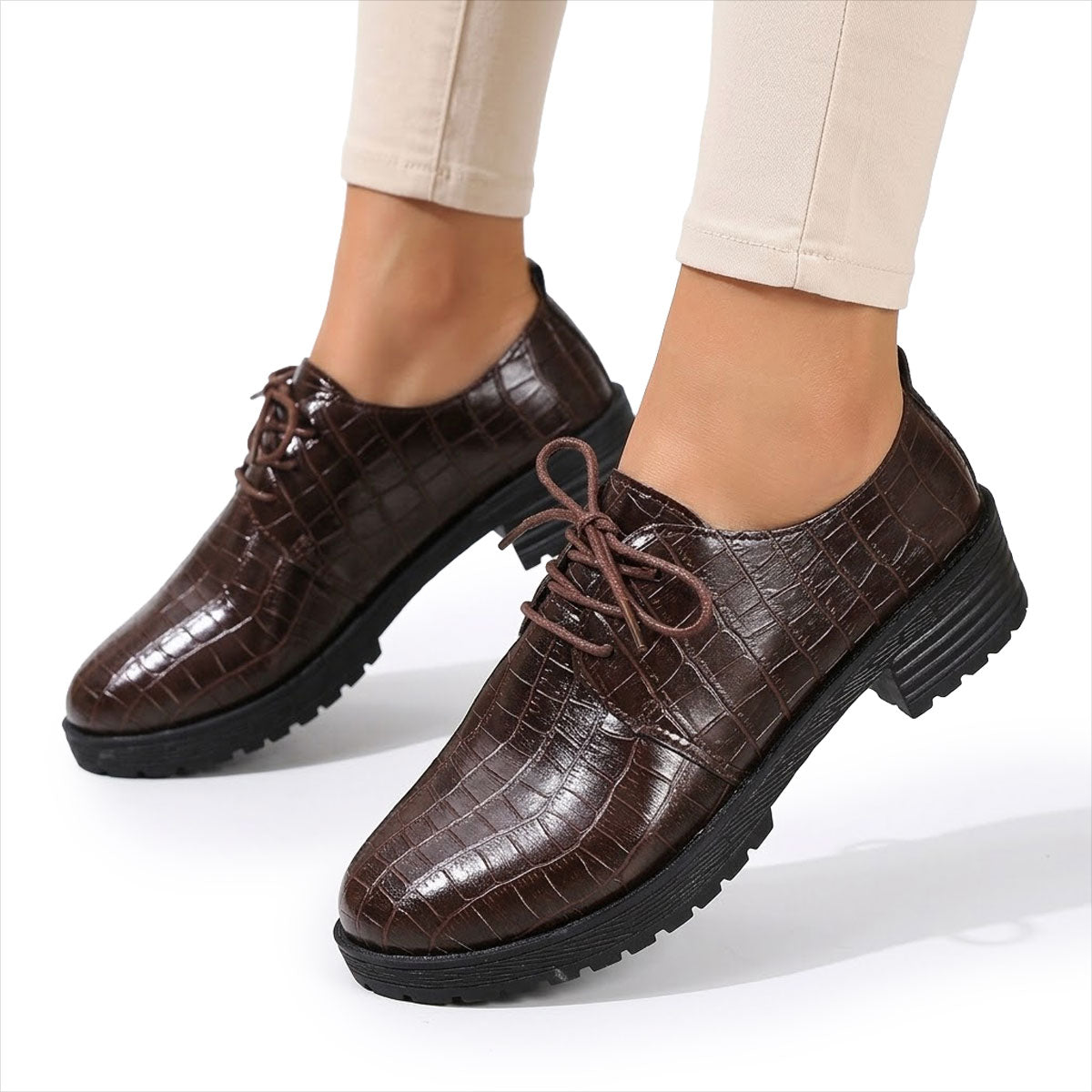 Damen Oxfordschuhe mit Kroko-Effekt und niedrigem Absatz Jully