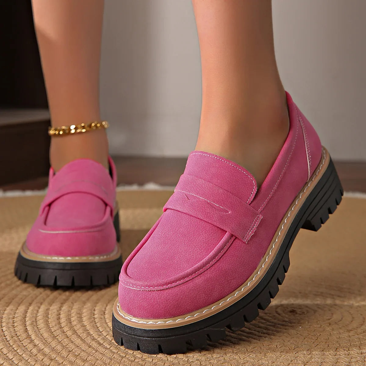 Damen Penny Loafer aus schwarzem Leder mit flachem Absatz Jully