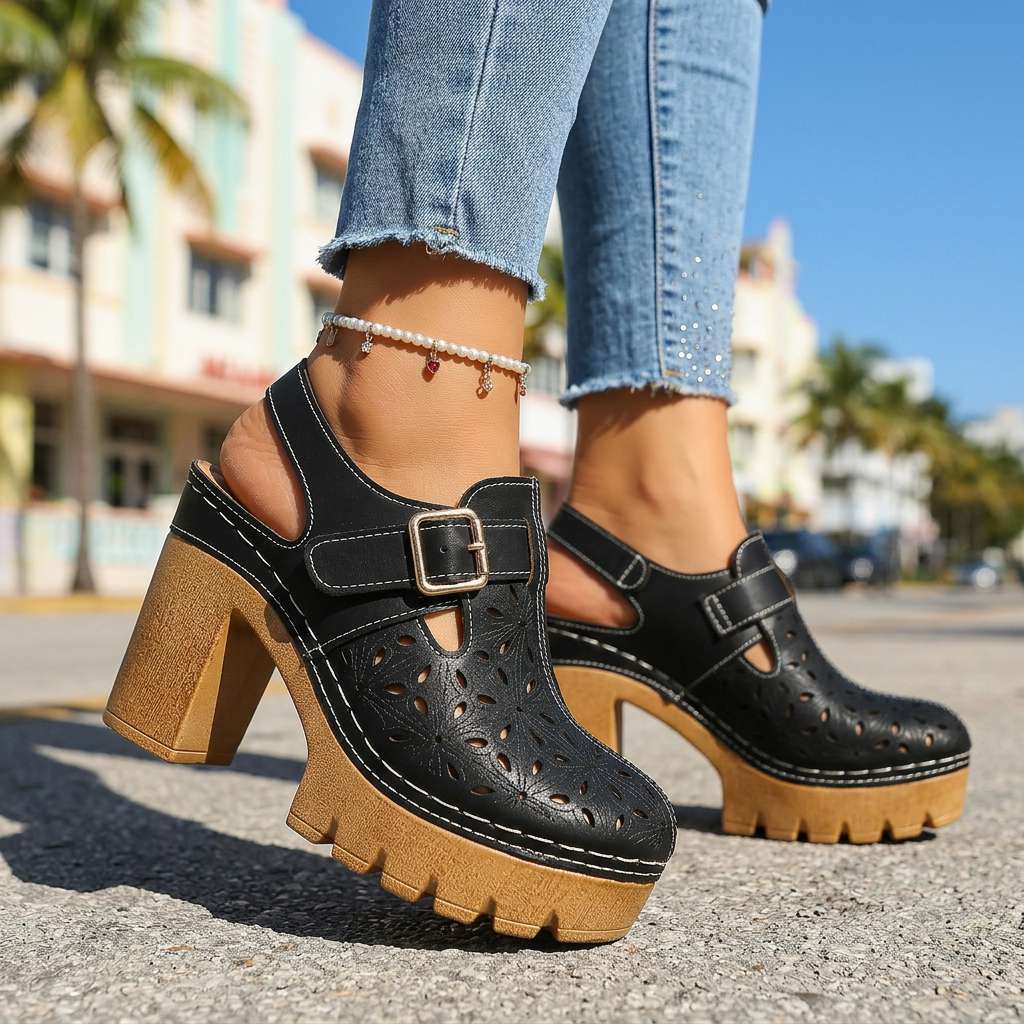 Damen Plateau-Clogs mit Verstellbarem Schnallenriemen Jully