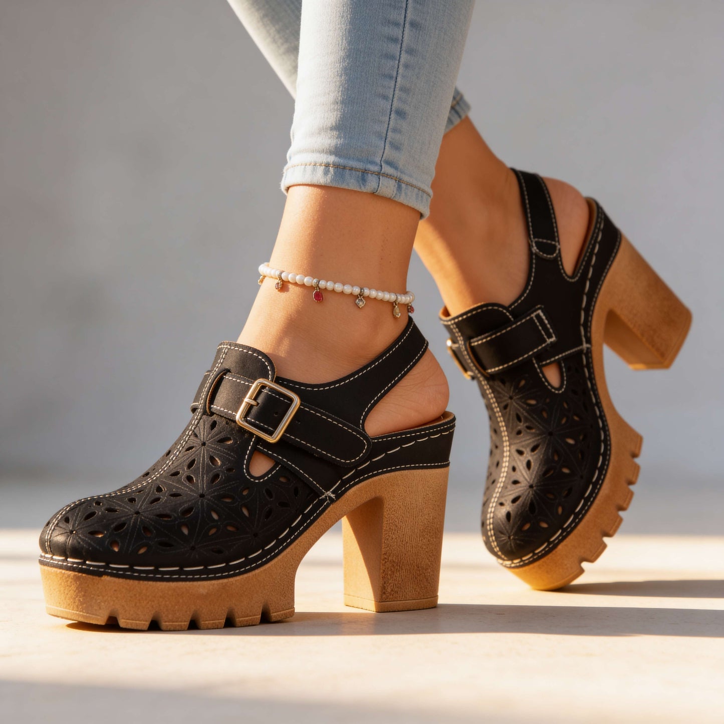 Damen Plateau-Clogs mit Verstellbarem Schnallenriemen Jully