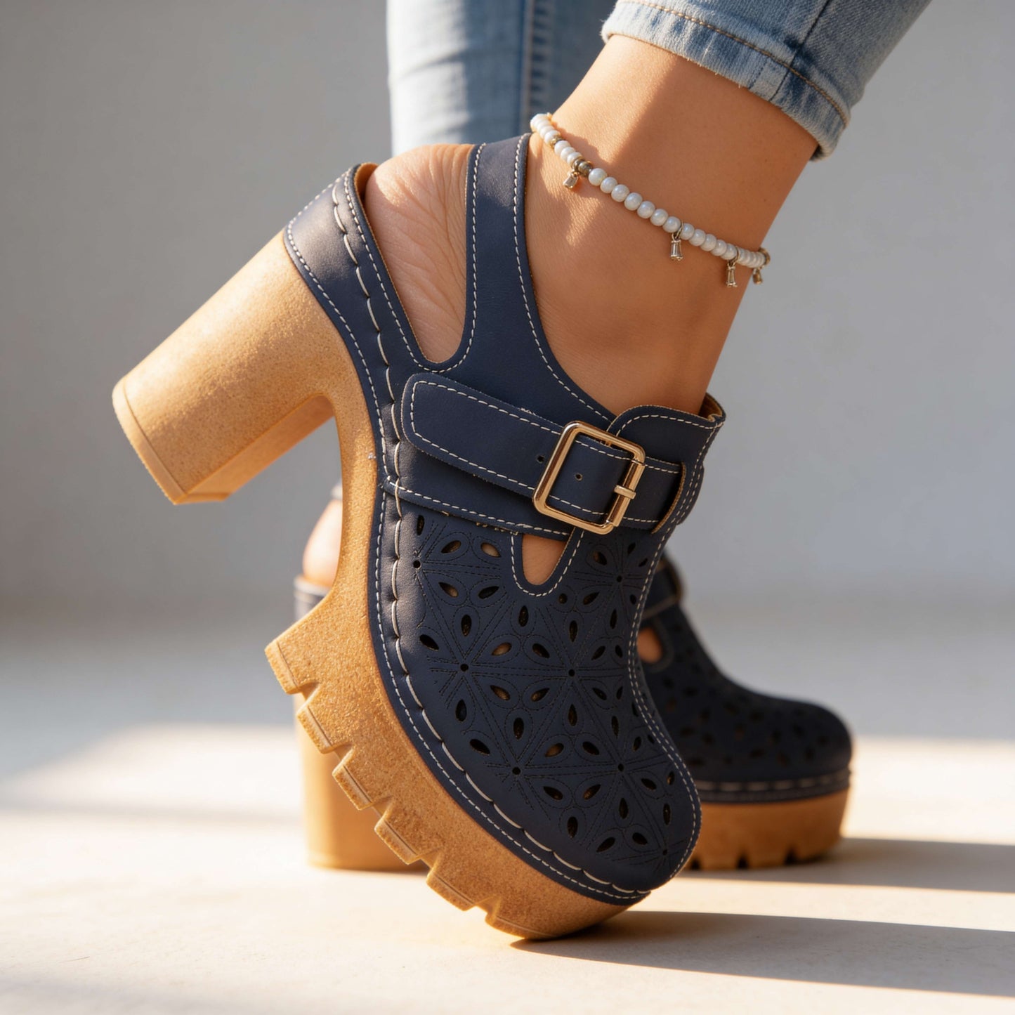 Damen Plateau-Clogs mit Verstellbarem Schnallenriemen Jully