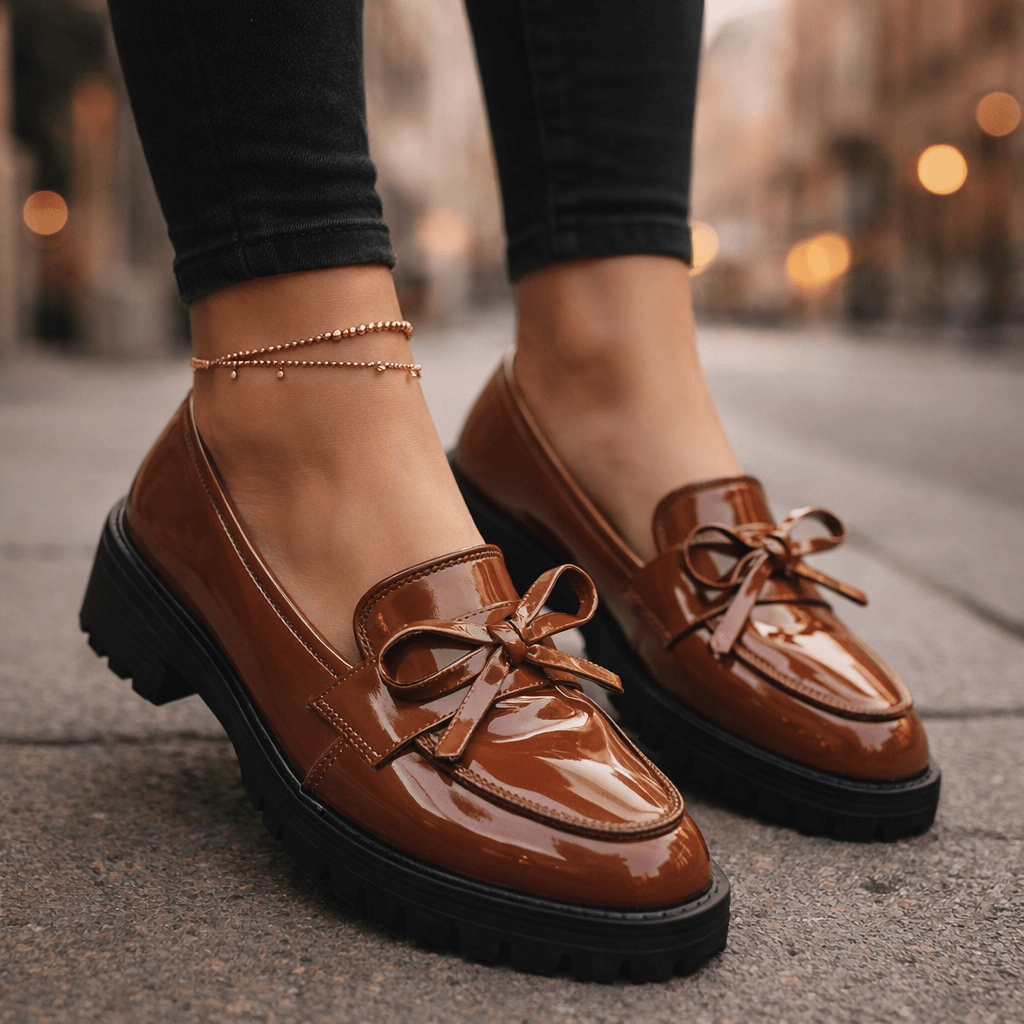 Damen Plateau-Loafer aus Hochglanzleder mit Schleifendetail Jully