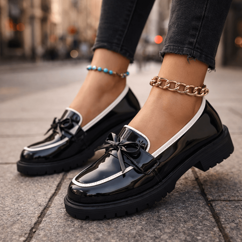 Damen Plateau-Loafer aus Hochglanzleder mit Schleifendetail Jully