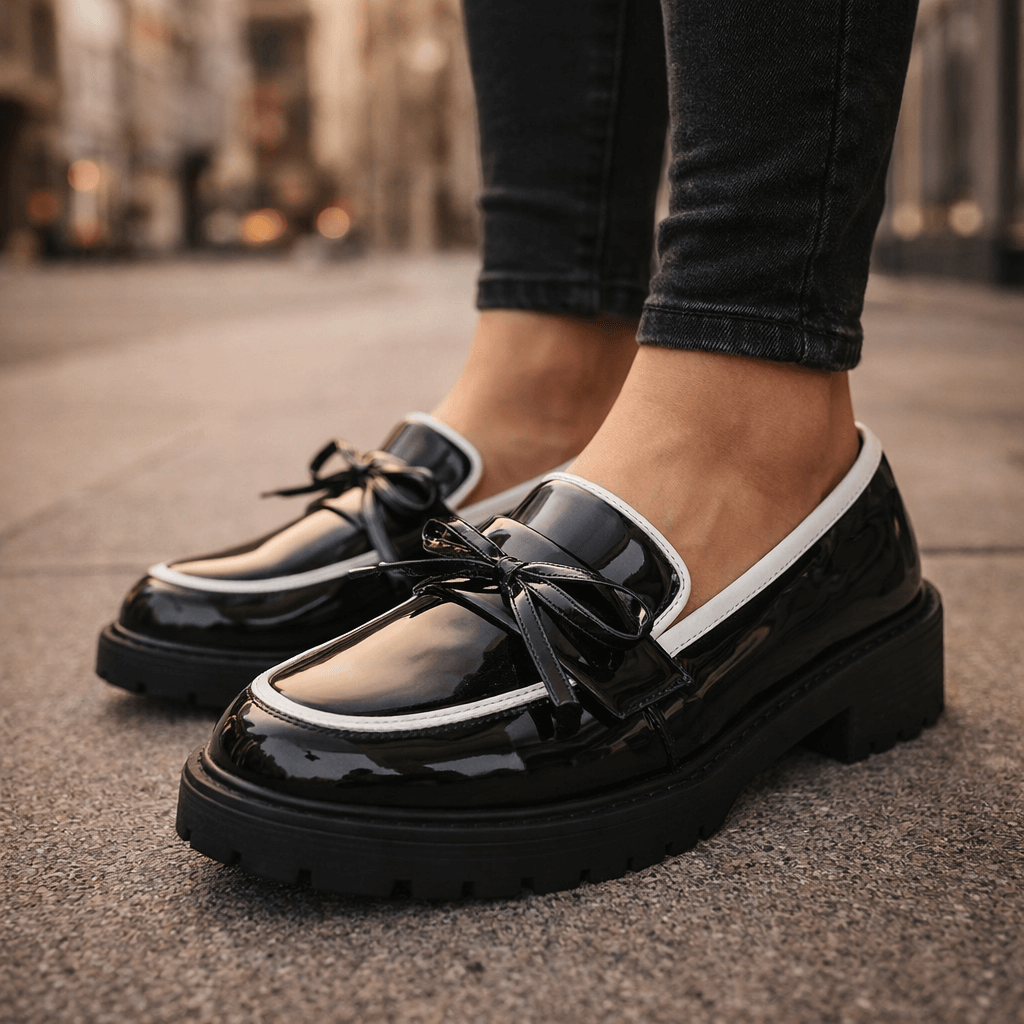 Damen Plateau-Loafer aus Hochglanzleder mit Schleifendetail Jully