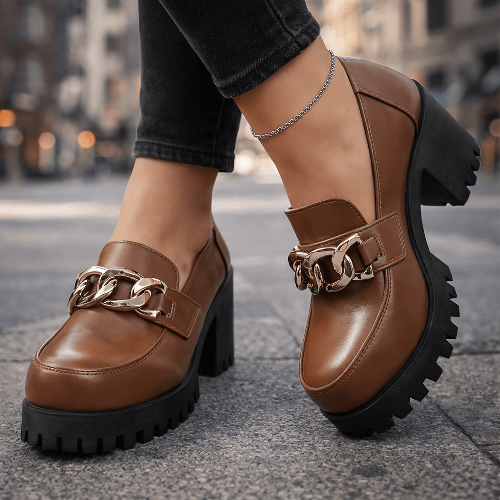 Damen Plateau-Loafer aus Leder mit Goldkettendetail Jully