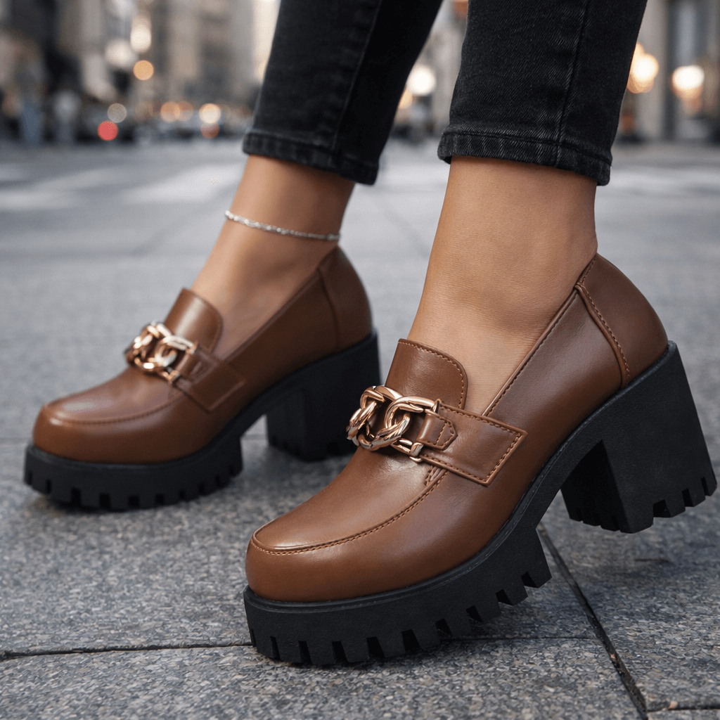 Damen Plateau-Loafer aus Leder mit Goldkettendetail Jully