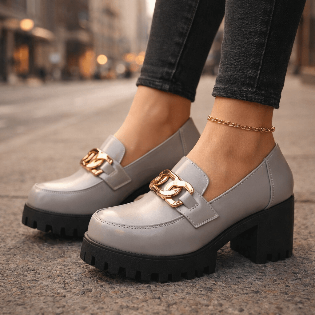 Damen Plateau-Loafer aus Leder mit Goldkettendetail Jully