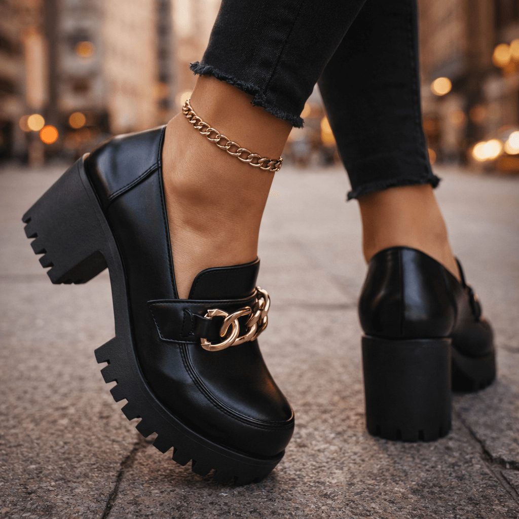 Damen Plateau-Loafer aus Leder mit Goldkettendetail Jully