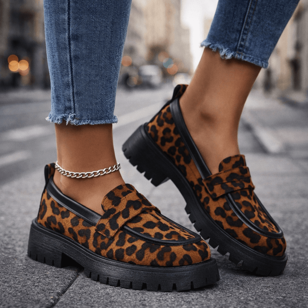 Damen Plateau-Loafer aus Wildleder mit Leopardenmuster Jully