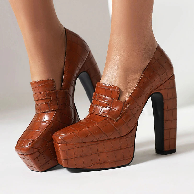 Damen Plateau-Loafer aus veganem Leder mit Krokoprägung Jully