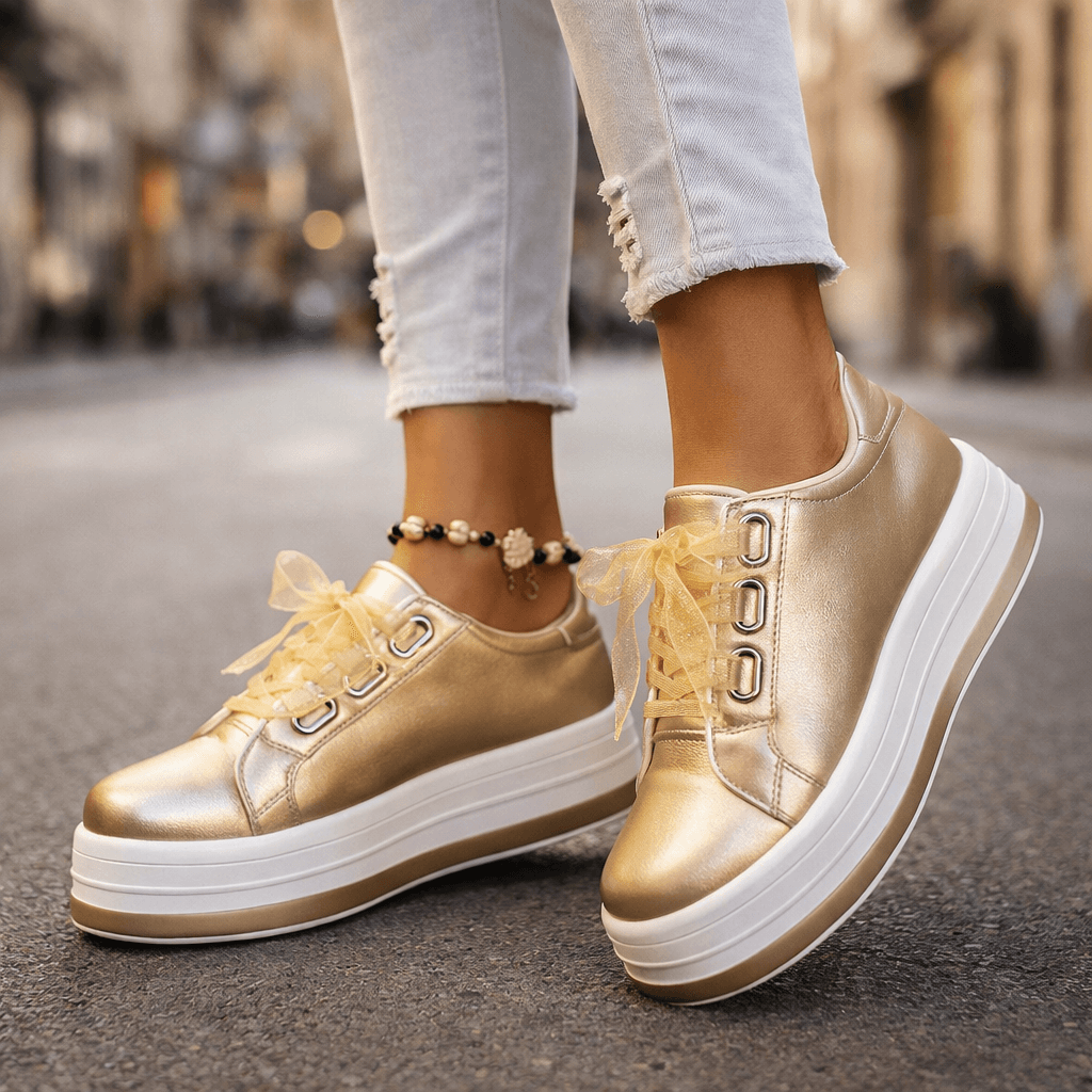 Damen Plateau-Sneaker aus Leder in Perlmutt Jully