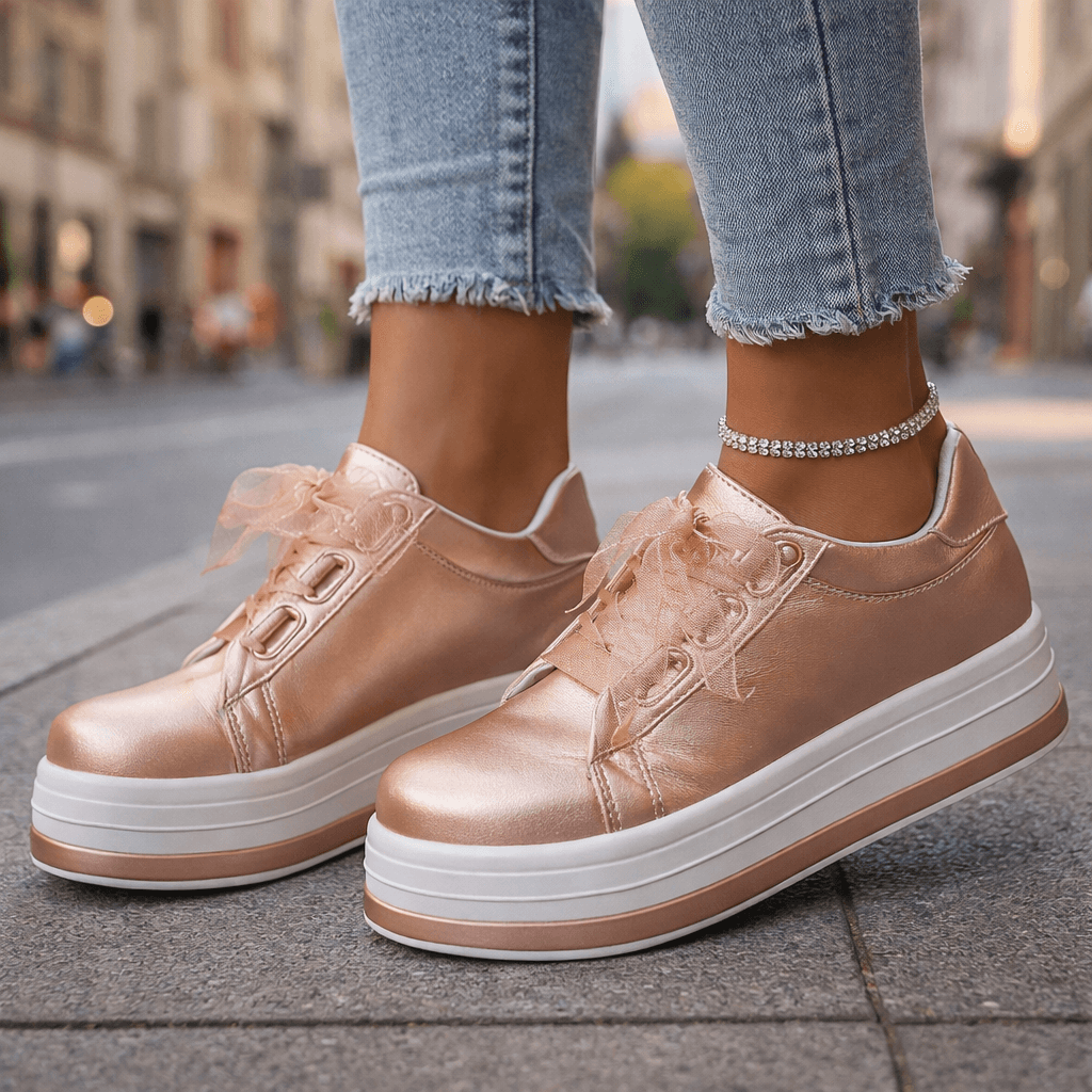 Damen Plateau-Sneaker aus Leder in Perlmutt Jully