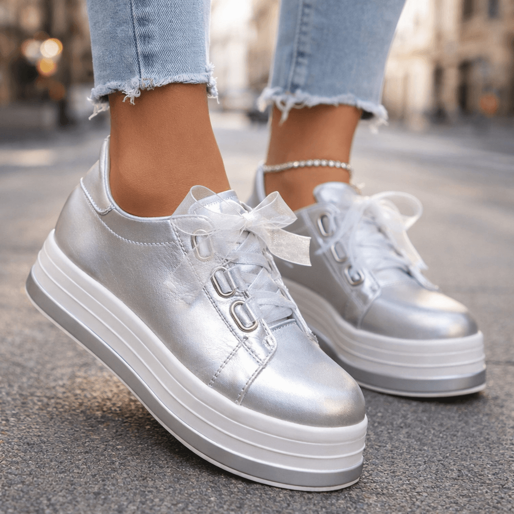 Damen Plateau-Sneaker aus Leder in Perlmutt Jully