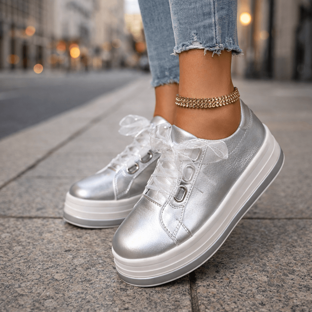 Damen Plateau-Sneaker aus Leder in Perlmutt Jully