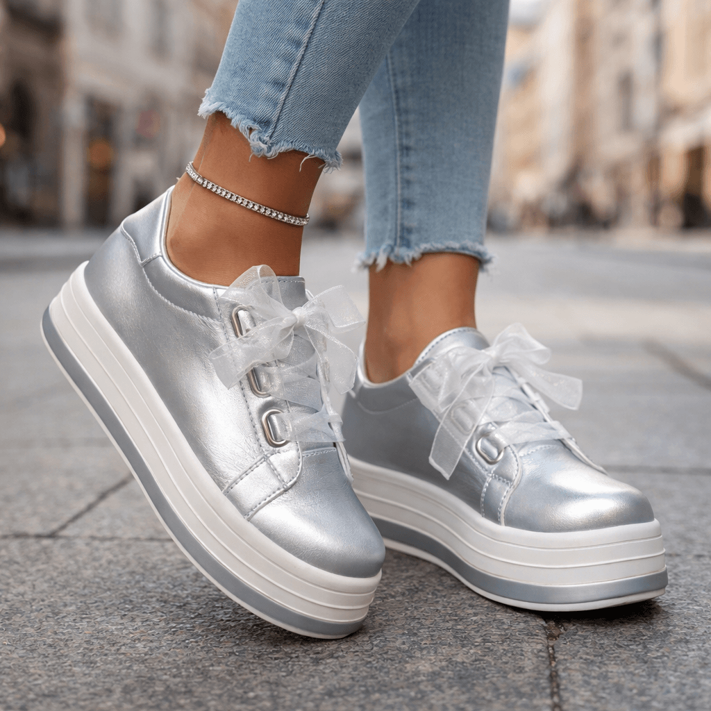 Damen Plateau-Sneaker aus Leder in Perlmutt Jully