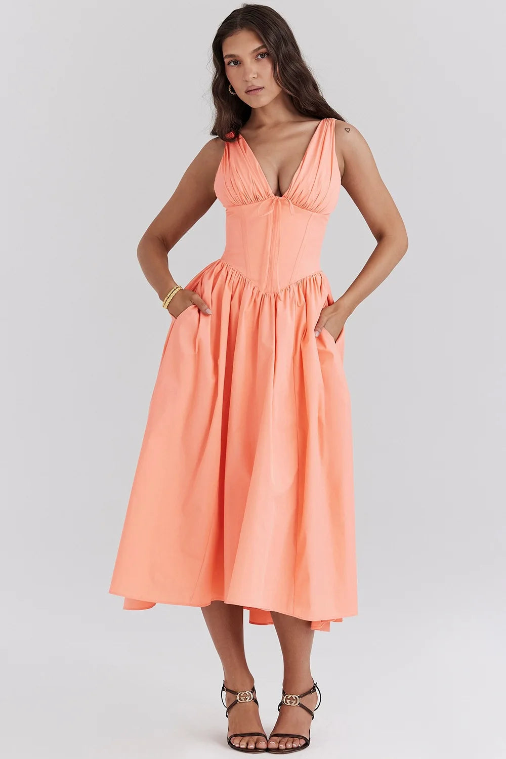 Damen Plissee Kleid mit Rückenschnürung und Taschen Jully