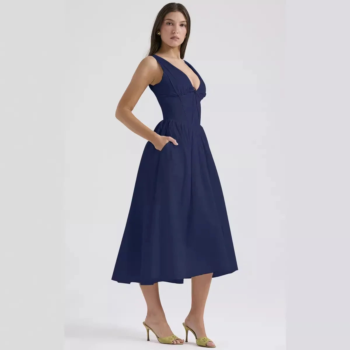 Damen Plissee Kleid mit Rückenschnürung und Taschen Jully