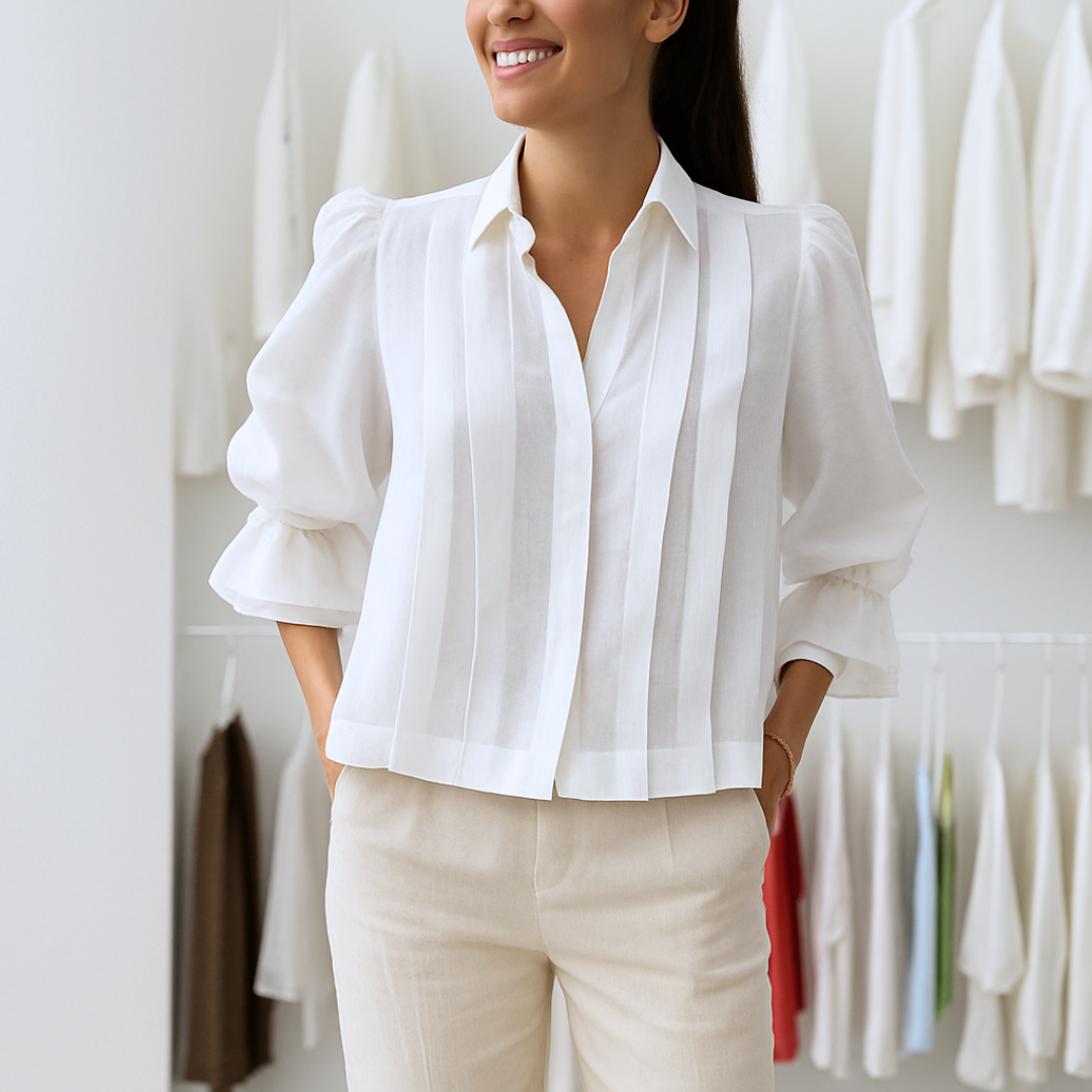 Damen Plisseebluse mit Reverskragen aus Naturfasern Jully