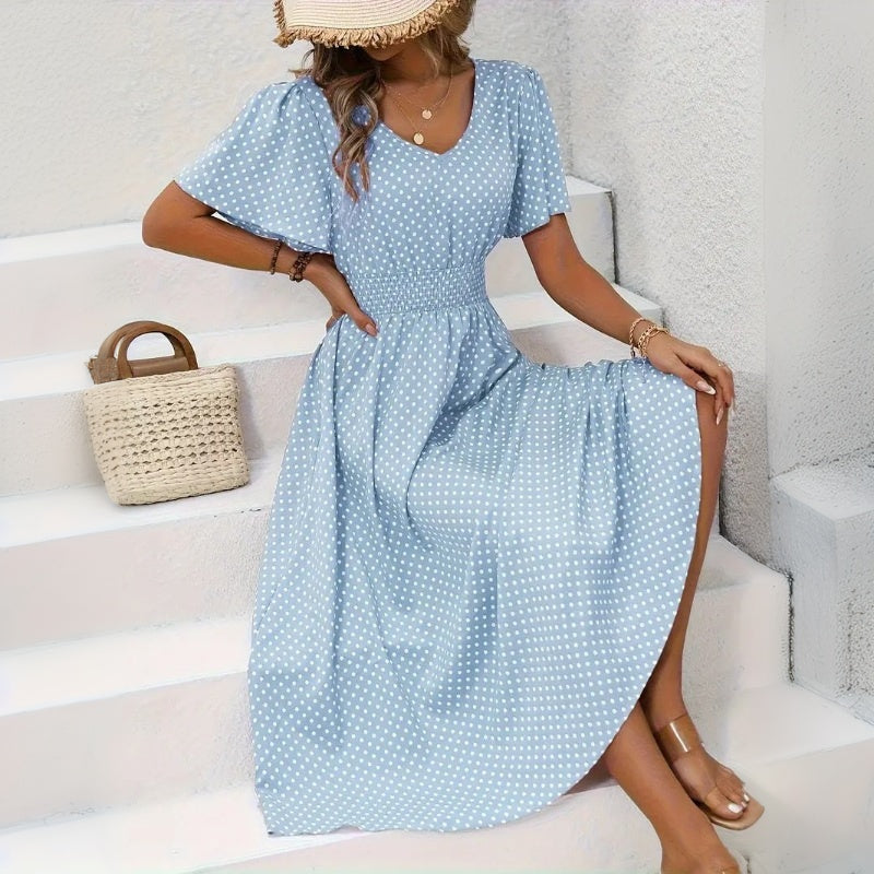Damen Polka-Dot Kleid mit V-Ausschnitt in Wadenlang Jully