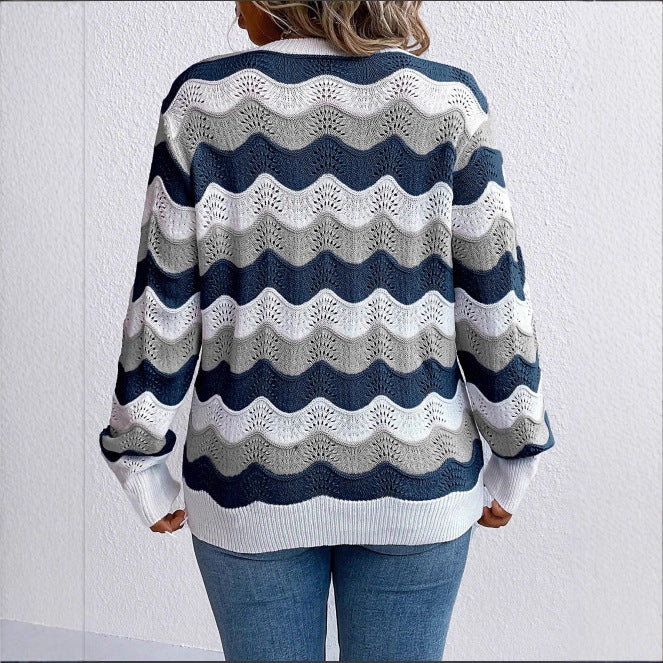 Damen Pullover Langarm aus Baumwolle mit Wellenmuster Jully