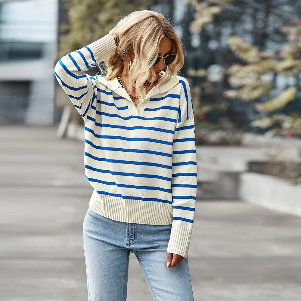 Damen Pullover gestreift Langarm mit V-Ausschnitt Jully