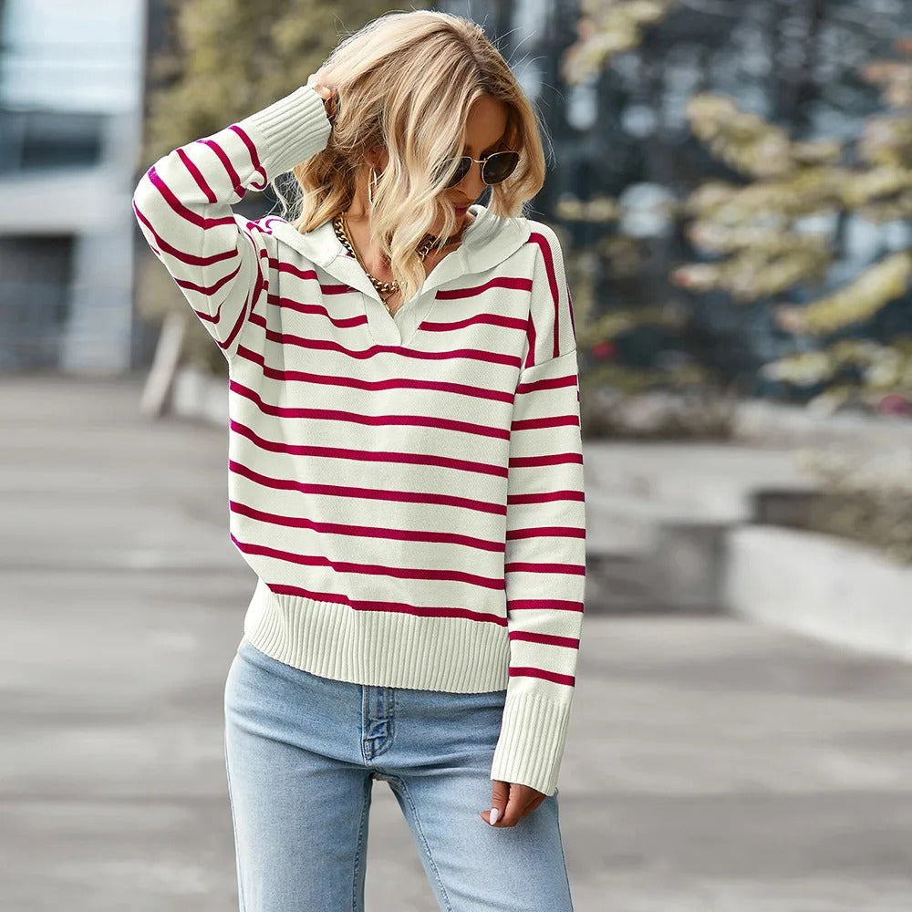 Damen Pullover gestreift Langarm mit V-Ausschnitt Jully