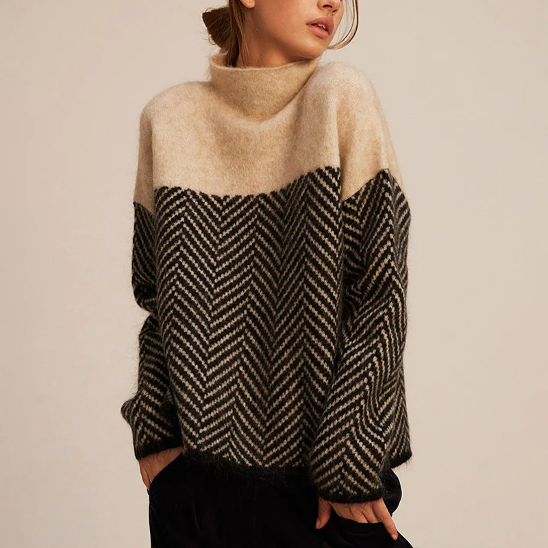 Damen Rollkragenpullover Langarm mit Fischgrätenmuster Jully