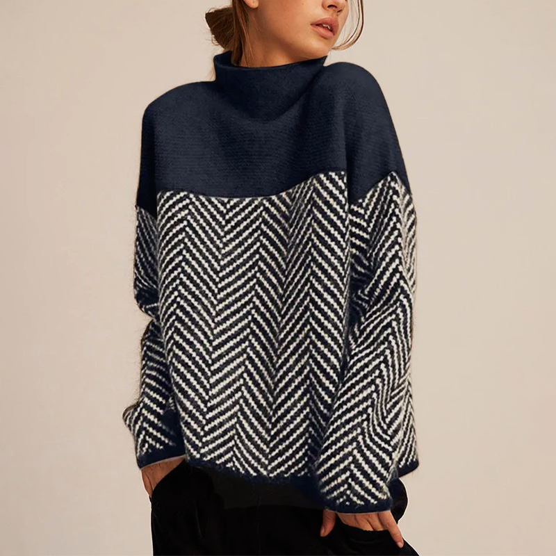 Damen Rollkragenpullover Langarm mit Fischgrätenmuster Jully