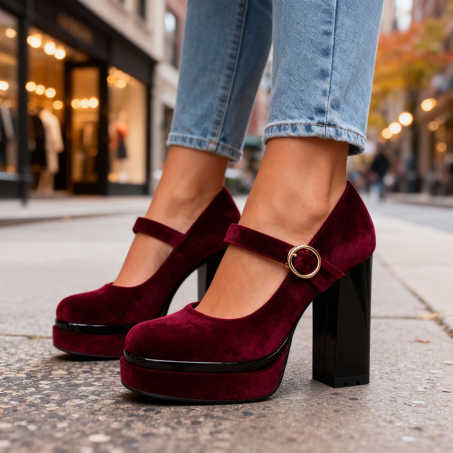 Damen Samtschuhe mit Blockabsatz für ganztägigen Komfort Jully