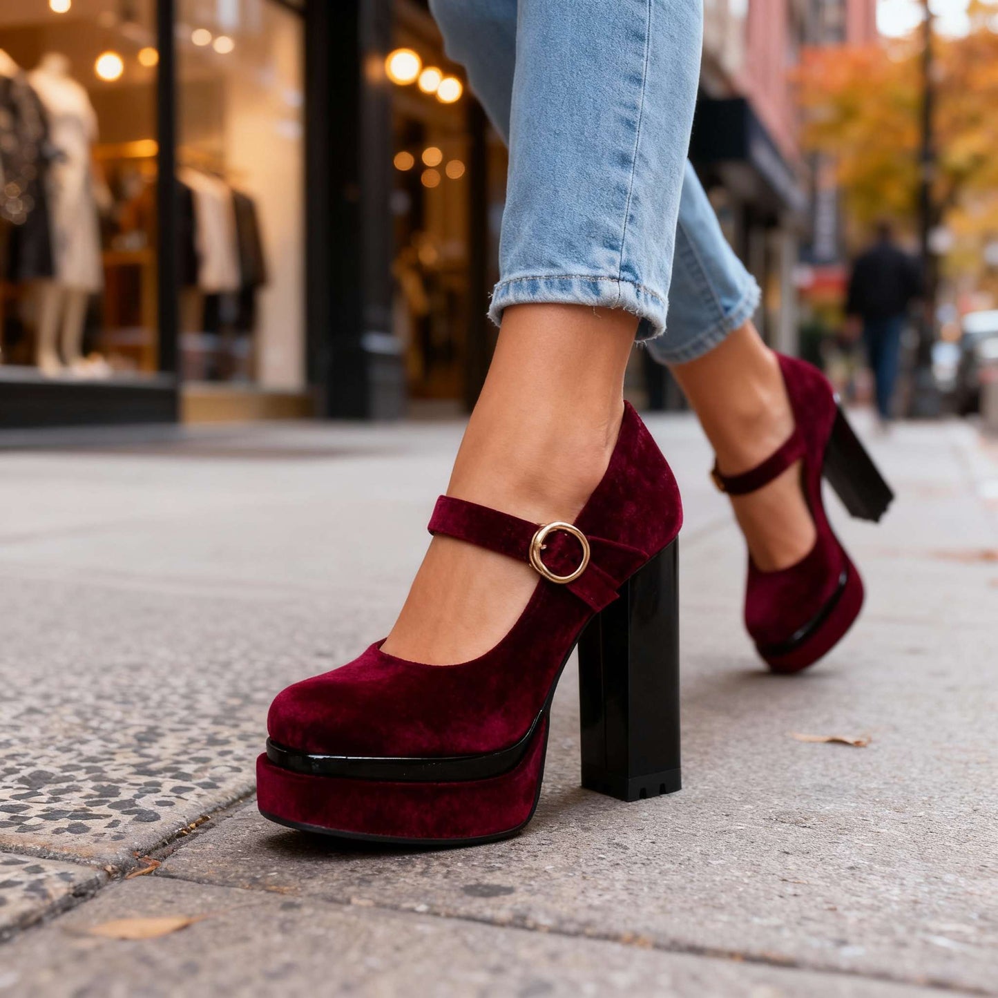 Damen Samtschuhe mit Blockabsatz für ganztägigen Komfort Jully