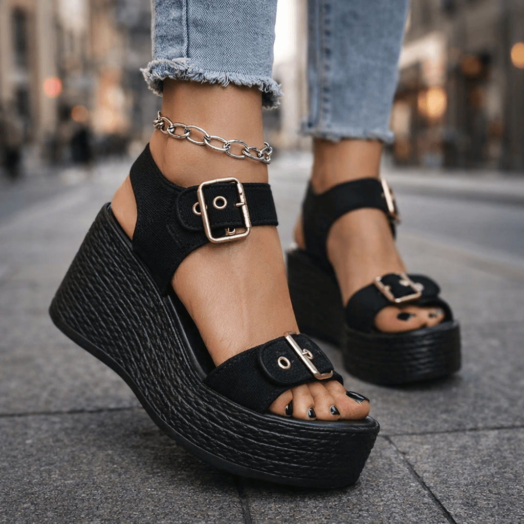Damen Sandalen mit Verstellbaren Schnallen und Hoher Sohle Jully