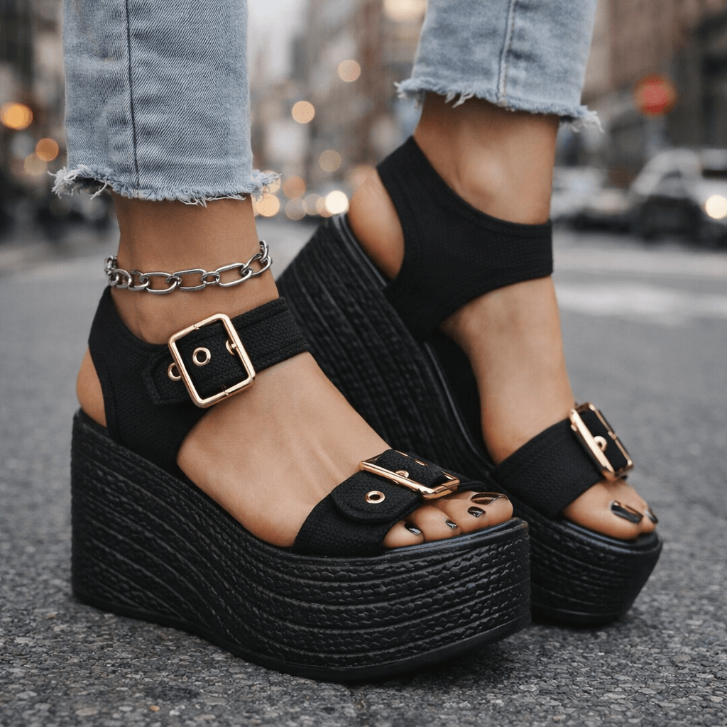 Damen Sandalen mit Verstellbaren Schnallen und Hoher Sohle Jully