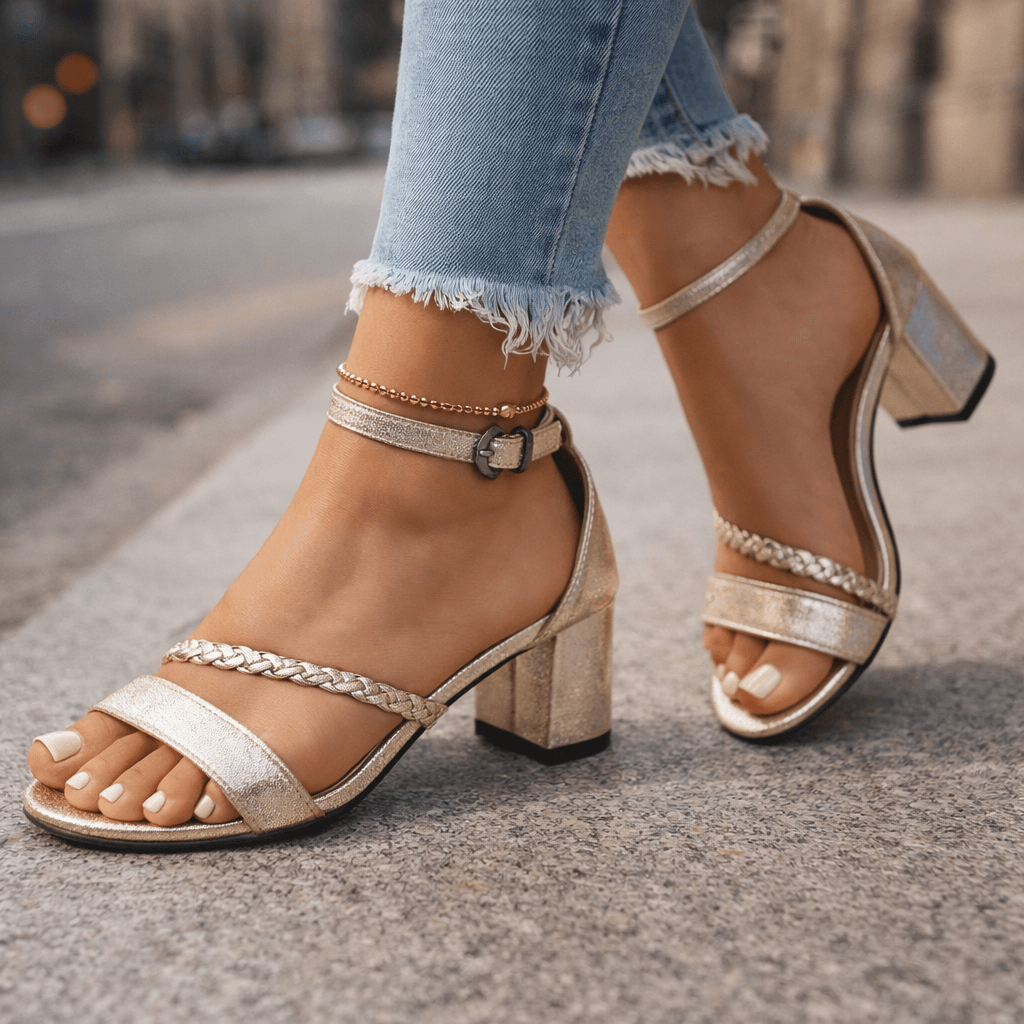 Damen Sandalen mit geflochtenem Riemen und Blockabsatz Jully