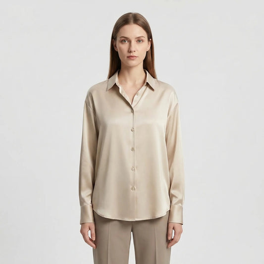 Damen Satin-Top mit klassischem Kragen in Beige Jully