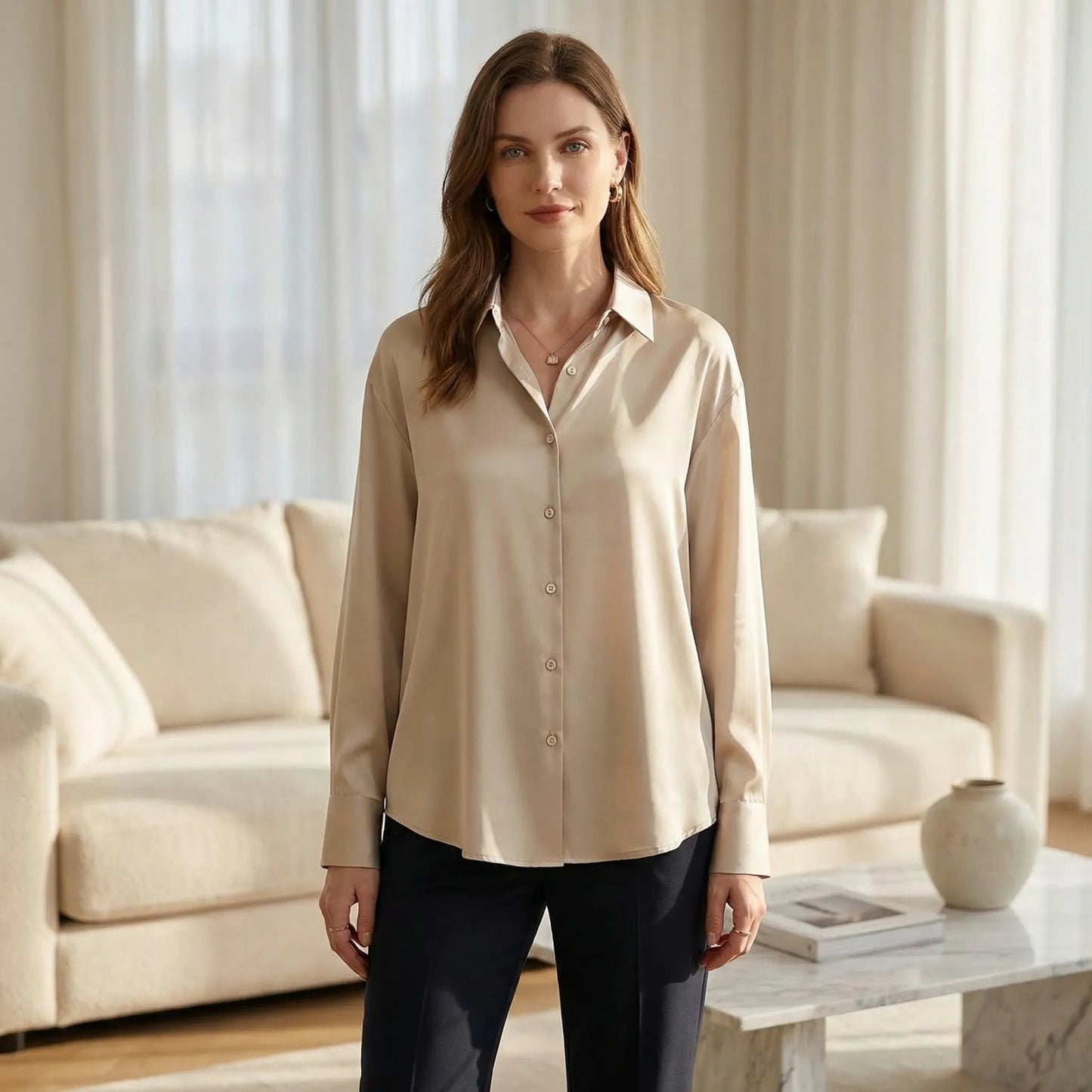 Damen Satin-Top mit klassischem Kragen in Beige Jully