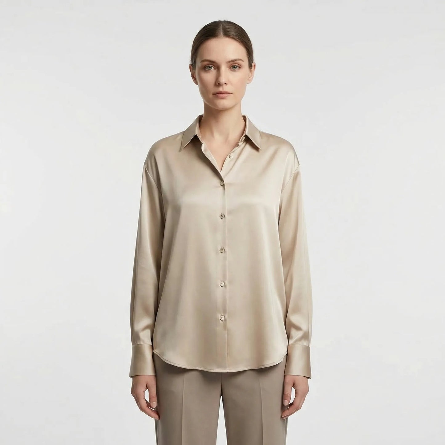 Damen Satin-Top mit klassischem Kragen in Beige Jully