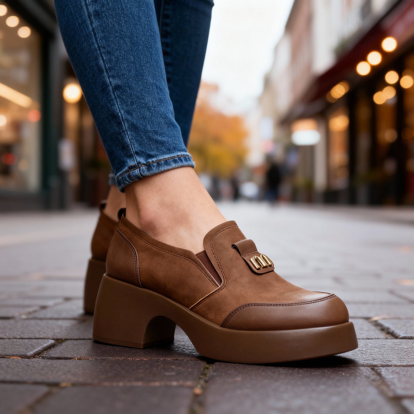 Damen Slipper aus glattem Leder mit Plateausohle Jully