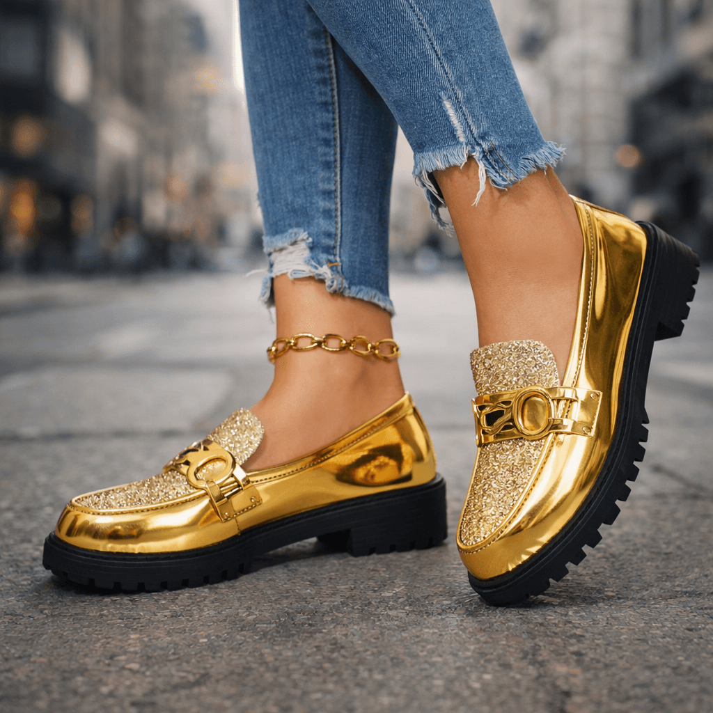 Damen Slipper aus glitzerndem Leder mit Plateausohle Jully