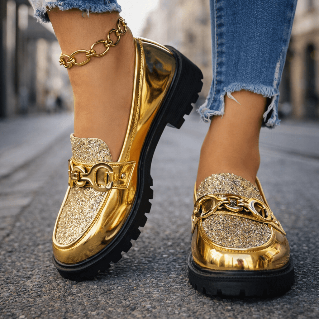 Damen Slipper aus glitzerndem Leder mit Plateausohle Jully