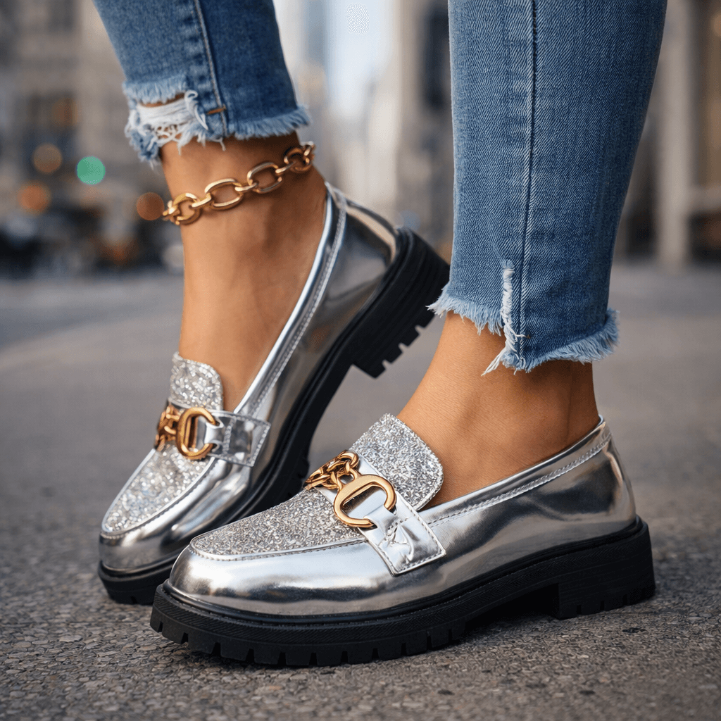 Damen Slipper aus glitzerndem Leder mit Plateausohle Jully