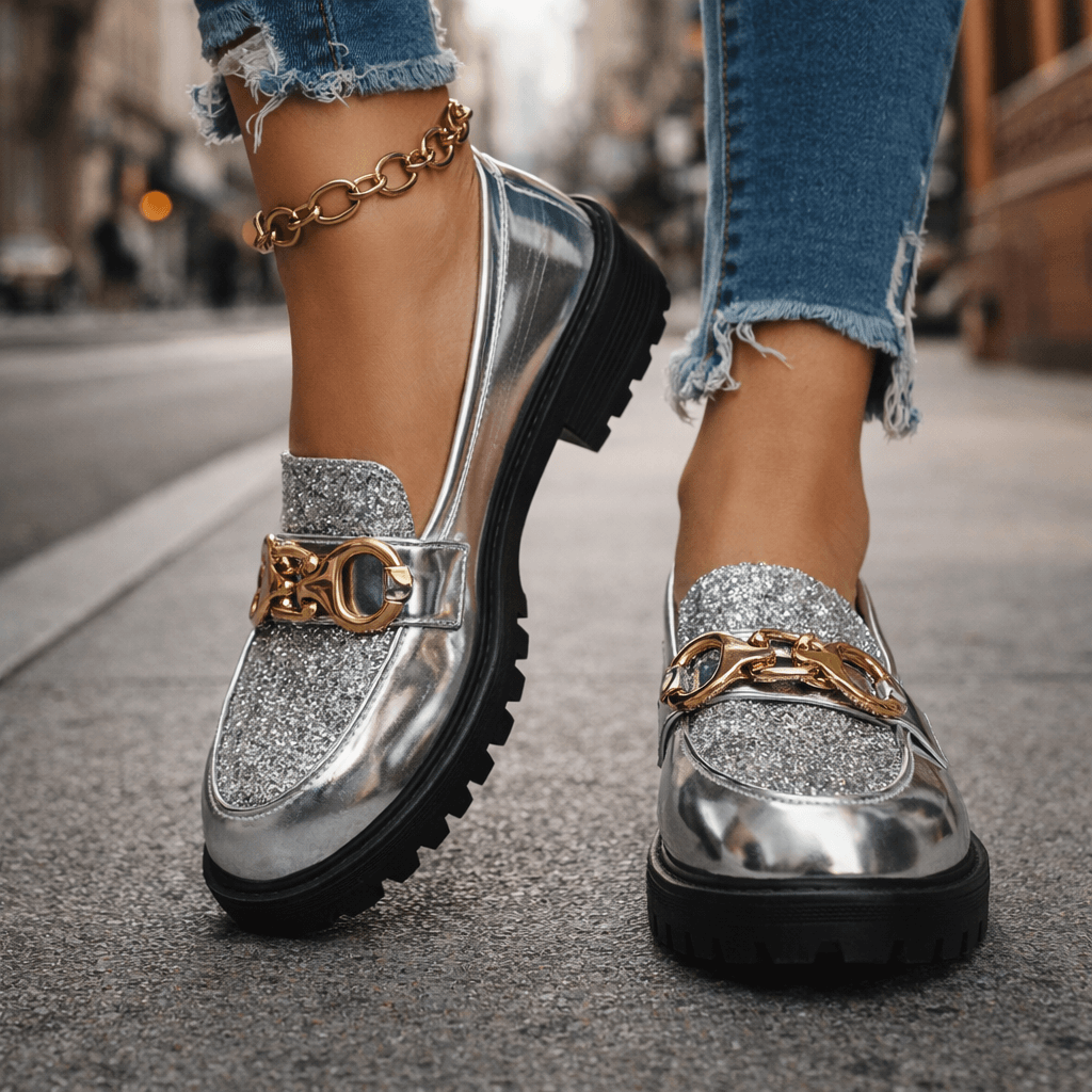 Damen Slipper aus glitzerndem Leder mit Plateausohle Jully