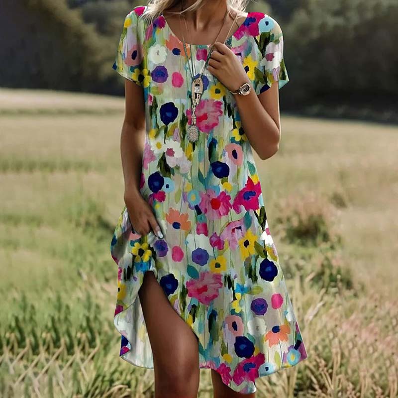 Damen Sommerkleid mit Blumendruck und Rundhalsausschnitt Jully