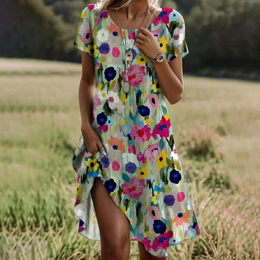 Damen Sommerkleid mit Blumendruck und Rundhalsausschnitt Jully