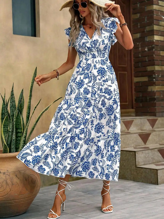 Damen Sommerkleid mit Blumendruck und Schmetterlingsärmeln Jully