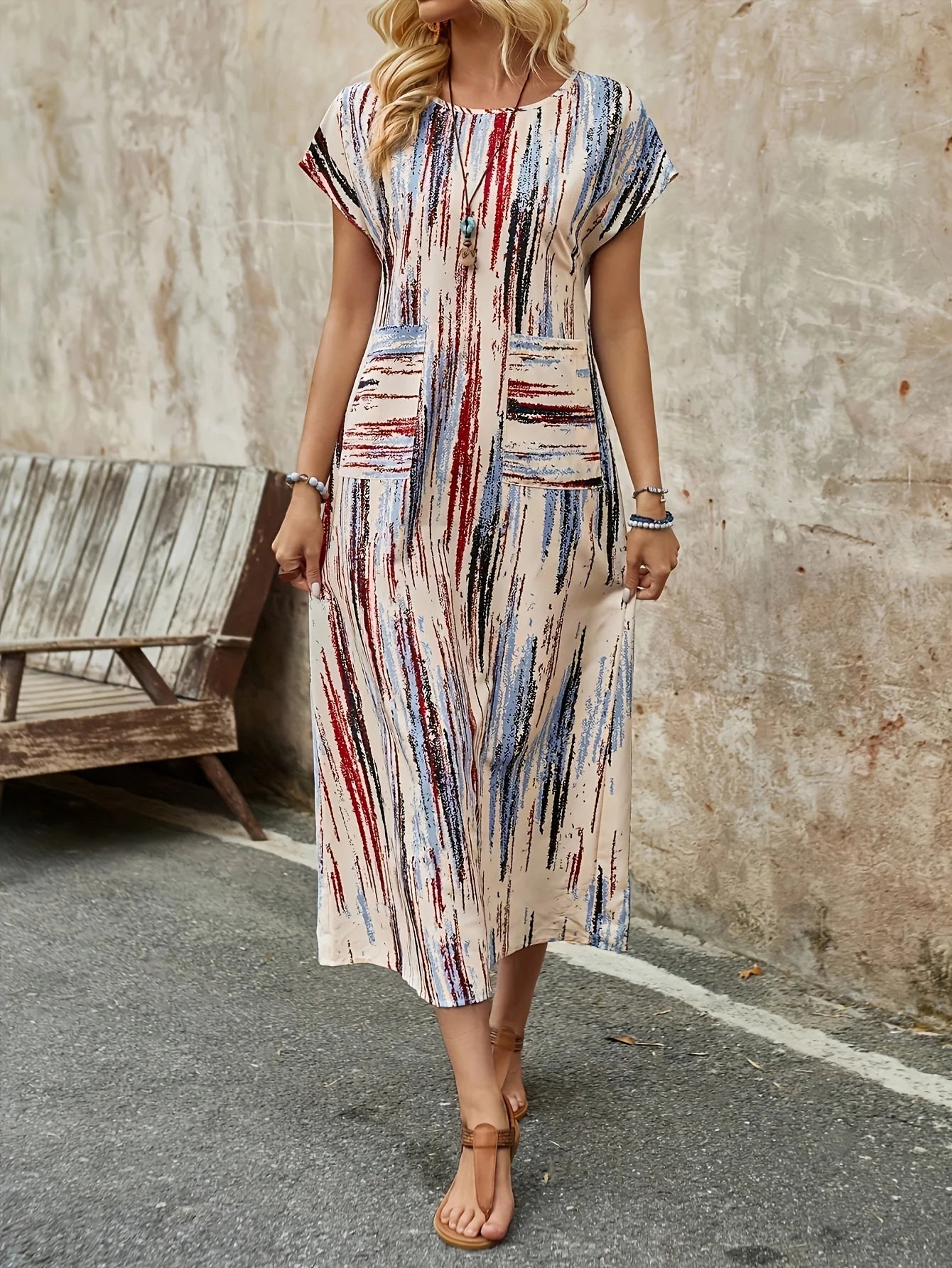 Damen Sommerkleid mit Rundhalsausschnitt in Mehrfarbig Jully