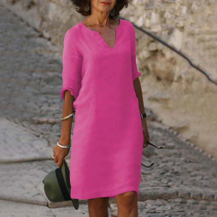 Damen Sommerkleid mit V-Ausschnitt aus Leinen Jully