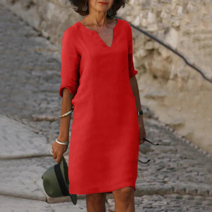Damen Sommerkleid mit V-Ausschnitt aus Leinen Jully